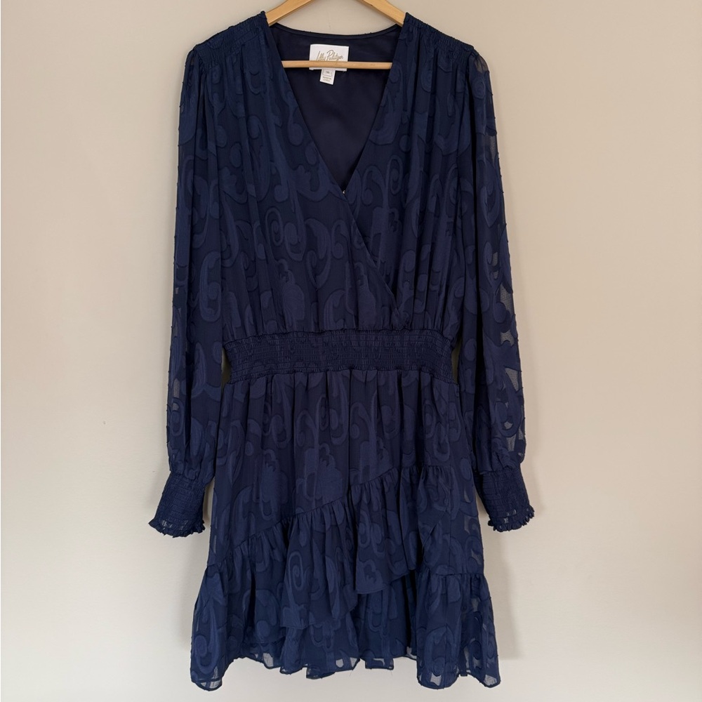 Lilly Pulitzer Cristiana Long Sleeve Dress “True Navy” Poly Crepe Swirl Sz 16